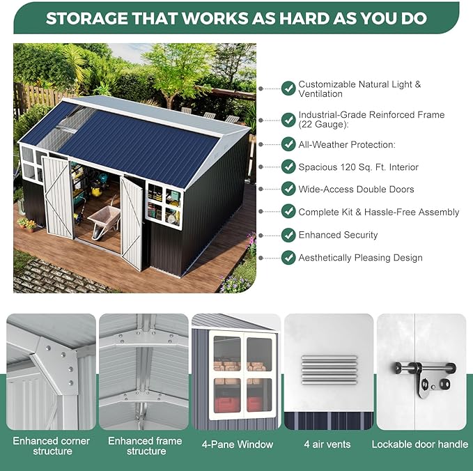 Metal shed 12x10 FT Outdoor Storage, Heavy-Duty Garden Sheds with Customizable Skylight & Reinforced Steel Frame, Weatherproof Galvanized Tool Tiny House for Backyard, Patio, and Lawn