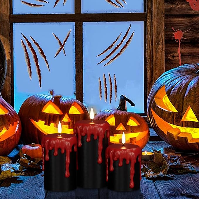 Eldnacele Black Flameless Pillar Candles Battery Operated with 6H Timer, Red Real Wax Dripping Effect 3D Wick Flickering LED Candle Lights Dinner Halloween Decoration(3 Pack, 3 x 4,5,6 Inches)