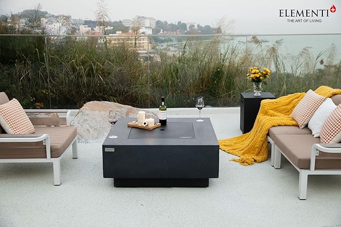 Elementi+ | Bergen Gas Fire Pit Cast Concrete 40" Square Fire Table, Outdoor Fire Pit Electronic Ignition | Canvas Cover, Fire Glass and Burner Lid Included | Dark Gray | Propane Gas
