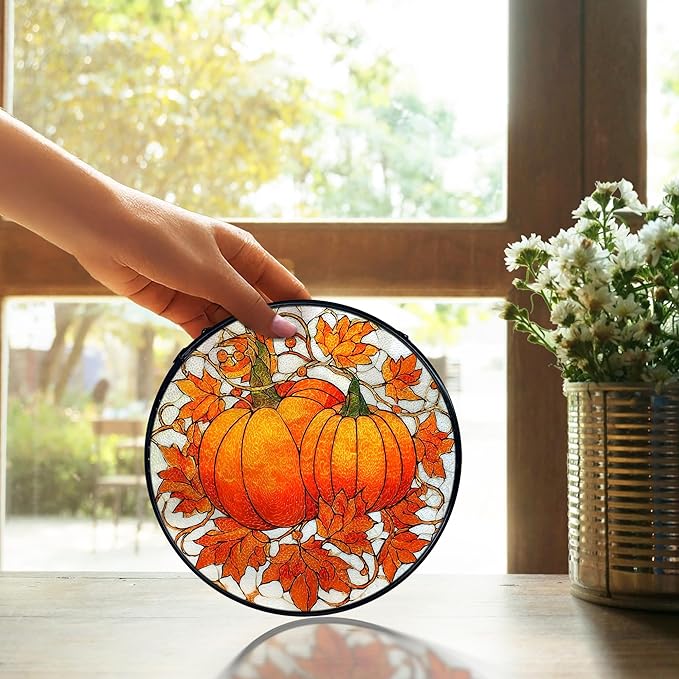 TNUW Fall Autumn Pumpkin Stained Glass Window Hanging, Farmhouse Autumn Pumpkin Maple Leaf Sun Catchers Indoor Window Glass Round Wall Art Decor, Rustic Fall Wall Hanging Decorations, 7.9＂x7.9＂