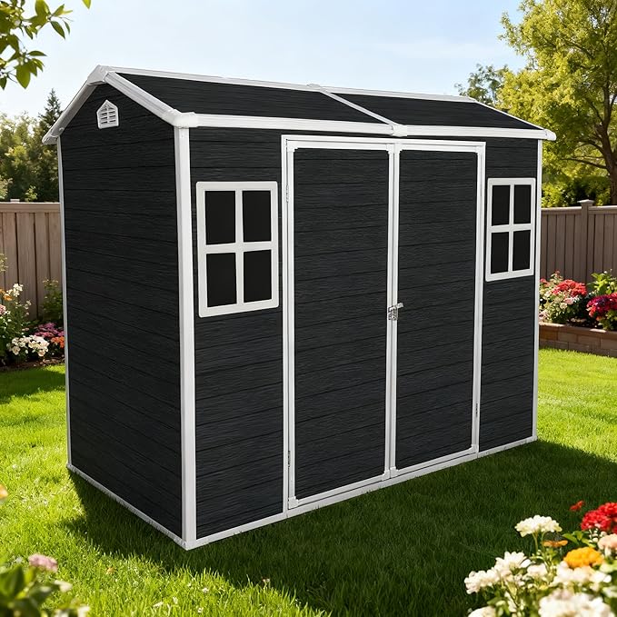 8x4 FT Resin Storage Sheds Outdoor with Floor Included, Plastic Sheds & Outdoor Storage Clearance with 2 Windows and Lockable Door, Backyard Storage Sheds for Garden Tools, Bike