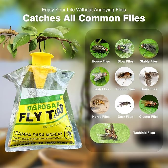 8 Pack Outdoor Hanging Fly Traps, Disposable Flies Killer Trap Bag Catcher with Natural Attractant Bait Bug Catcher and Flying Insect Trap for Outdoor Family Farm Park Orchard Garden