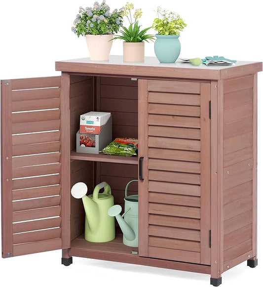 Outdoor Storage Cabinet & Potting Bench Table with Metal Top (Dark Brown, 36x31x17in)