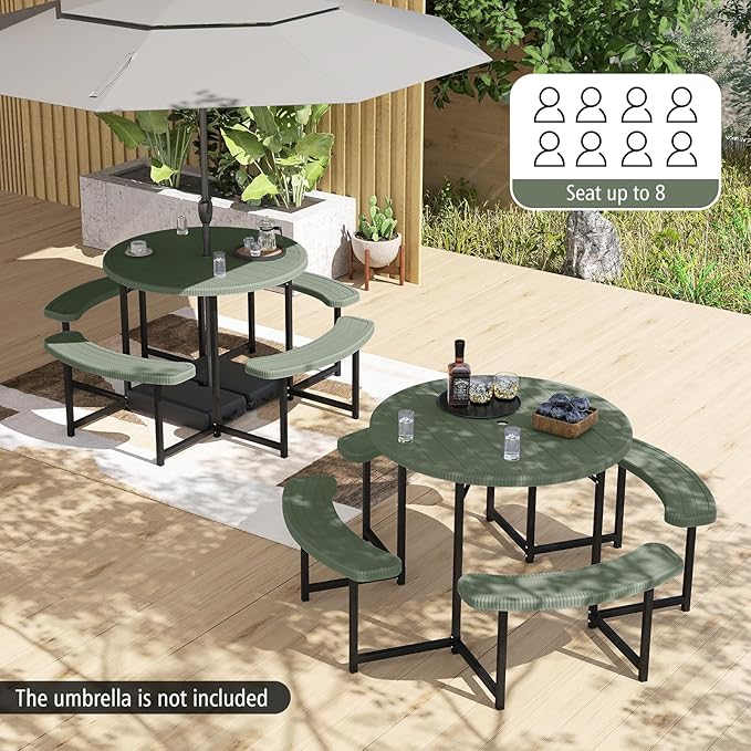 Giantex Picnic Table Bench Set for 4-8 Person, Round 37” Outdoor Dining Table w/Umbrella Hole, HDPE Tabletop, Metal Frame, Patio Furniture Set for Backyard Porch Lawn, 1400lb Capacity (Green,Round)