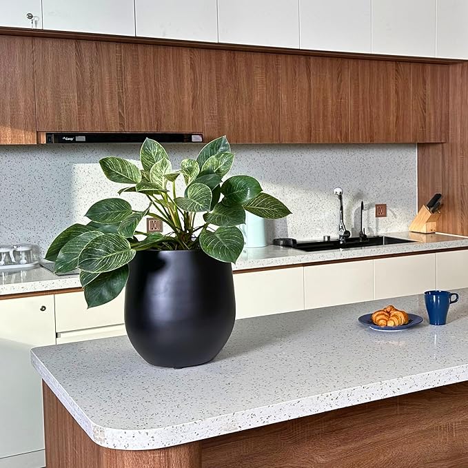 12.5"H x 11.4"D Corso Fiberstone Round Tapered Planter with Drainage Hole, Smooth Finishes, Weather Resistant for Indoor and Outdoor Use, Included 2 Extra Coco Mats (Black, 9" Pot Opening)