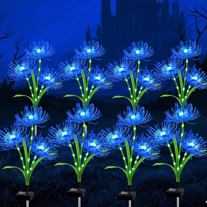 Solar Outdoor Lights Blue Spider Lily – 8 Pack 24-Head Waterproof Garden Flower Lights with Glowing Stems,Decorative Solar Powered Yard,Patio & Lawn Decor,Halloween & Gardening Gifts for Women Grandma