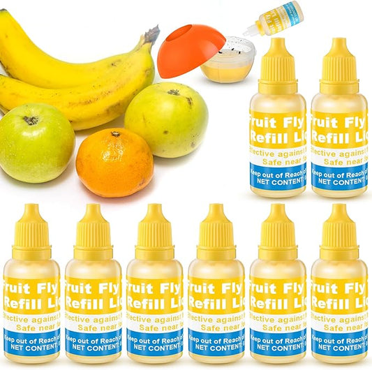Qualirey Fruit Fly Trap for Indoor and Kitchen Use, 0.68 oz Each Bottle Fruit Fly Trap Refill Liquid, Ready to Use, Safe Near Food, Efficient Lure Refill Liquid, Yellow(8 Pack)