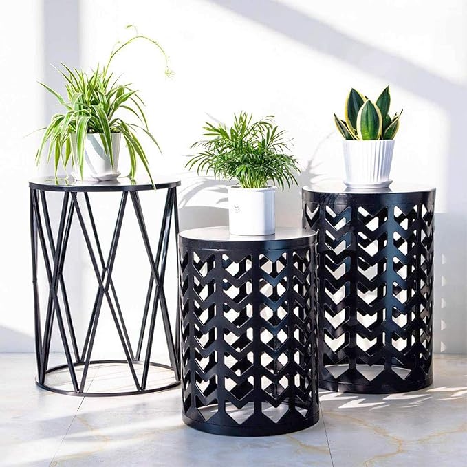 Y&M Set of 3 Metal Round Coffee Accent Table, Side Table End Table for Indoor Outdoor Multifunctional Use,Heavy Duty Metal Plant Stand Decorative Garden Stool- Black(Ship from US)