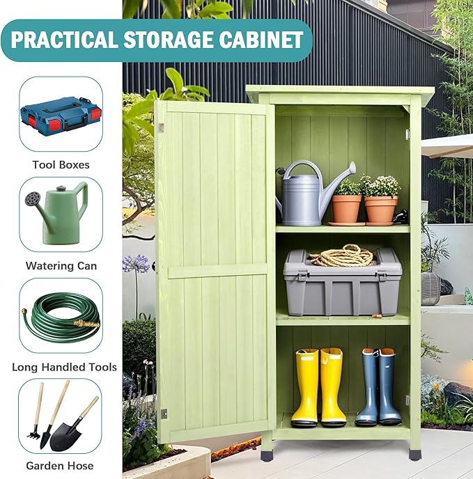 Wooden Outdoor Storage Cabinet, Vertical Garden Tool Shed with Waterproof Metal Roof & 2 Adjustable Shelves Ideal for Yard, Patio, Deck and Porch (Green, 20" x 24" x 48")