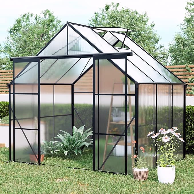 KEIKI 8x6 FT Double Door Upgrade Polycarbonate Greenhouse with Aluminum Frame,Raised Base and Roof Vent,Walk-in Greenhouses for Patio Garden