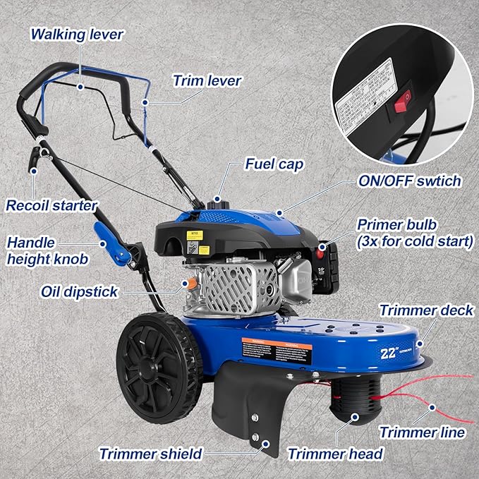 BILT HARD Self-Propelled Walk Behind String Trimmer, 8-Position Cutting Height, 170cc 4-Cycle Gas Brush Hog Mower, 22'' Cutting Diameter, 10'' Flat Free Wheels, Brush Cutter for Lawn, Yard