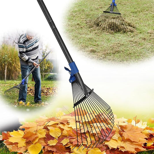 Adjustable Leaf Rake, 67” Long Handle Garden Rakes for Lawns Leaves with Expandable Head 8-17", Yard Women Kids Rake for Gardening RV Camping