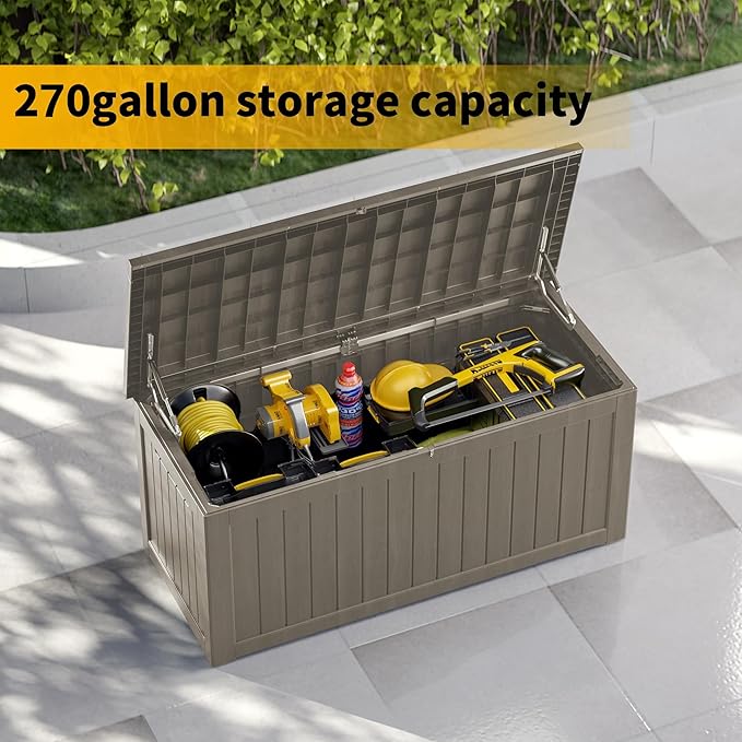 270GAL Extra - Large Brown Outdoor Deck Box with Lock Hole - Waterproof, SGS - Tested UV Resistance, Massive Storage for Lawn Mowers, Camping Gear, and More, Effortless Setup