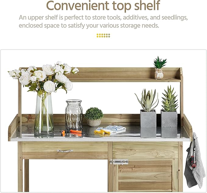 Yaheetech Outdoor Potting Bench Table, Garden Work Bench w/Metal Tabletop Work Station w/Cabinet Drawer, Open Top&Lower Shelf, Handy Hooks, ACQ Lumber Wood, Light Green