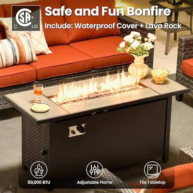 ovios 10 Pieces Patio Furniture Set with Swivel Chairs Rocking Gliders, 54" Fire Pit Table, Outdoor Sofa Couch with Solar Lights Table, Modern Deep Seat Wicker Rattan Conversation Set, Orange Red