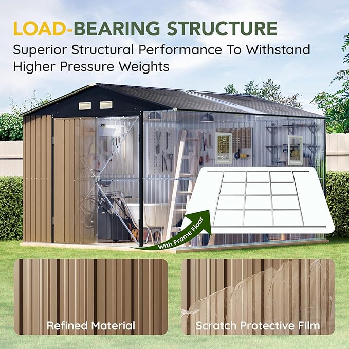 Breezz Outdoor Storage Shed 10 x 12 ft. Utility Tool Shed Metal Storage Garden Shed with Lockable Doors & Windows for Patio Storage,Brown