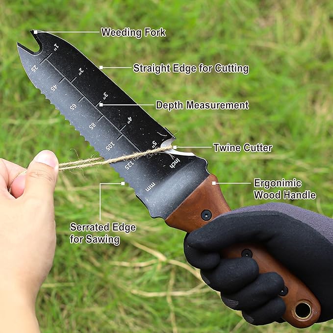 TOPLINE Hori Hori Garden Knife with Oxford Sheath, 7”Stainless Steel Blade with Cutting Edge, Full Tang Walnut Handle with Hanging Hole, Multifunctional Garden Tools for Weeding, Planting, Cutting