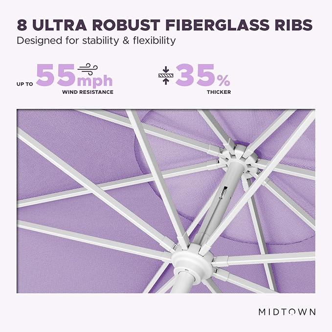 Midtown Umbrellas The Swilt 10 Feet Patio Umbrella in Terylast Midtown Purple Polyester Fabric - Fiberglass Ribs, Auto-Tilt Aluminum Frame For Backyard, Deck, Garden, Pool - White Pole