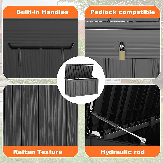 150 Gallon Large Deck Box,Resin Outdoor Storage Box with Lockable for Patio Furniture, Pool Accessories, Garden Tools Waterproof Outside Storage Box, Black