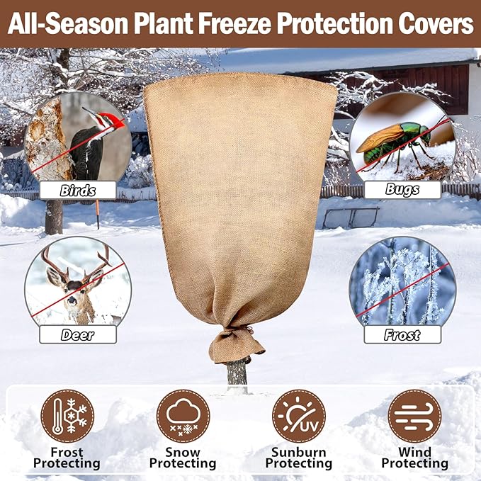 Legigo 3 Pack 40 X 48 Inch Burlap Plant Covers Freeze Protection Bags, Large Winter Plant Frost Covers with Drawstring, Reusable Tree Covers Burlap Frost Cloths Protection for Outdoor Plants Shrubs