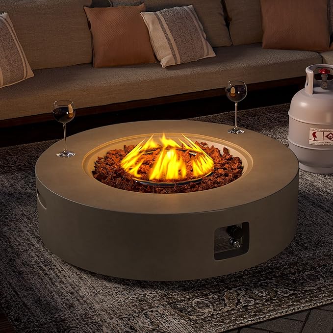 SUNBURY Outdoor 42" Propane Fire Pit Table, CSA Certified,50000 BTU Gray Patio Fire Table, Concrete Round Gas Fire Table w Lava Rocks (Tank Outside)