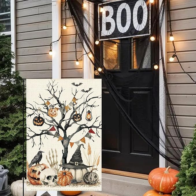 Halloween Black Tree Pumpkin Welcome Garden Flag 12 x 18 Inch Double Sided, Skull Crow Seasonal Burlap Small Yard Flag Farmhouse Holiday Patio Outdoor Outside Decoration