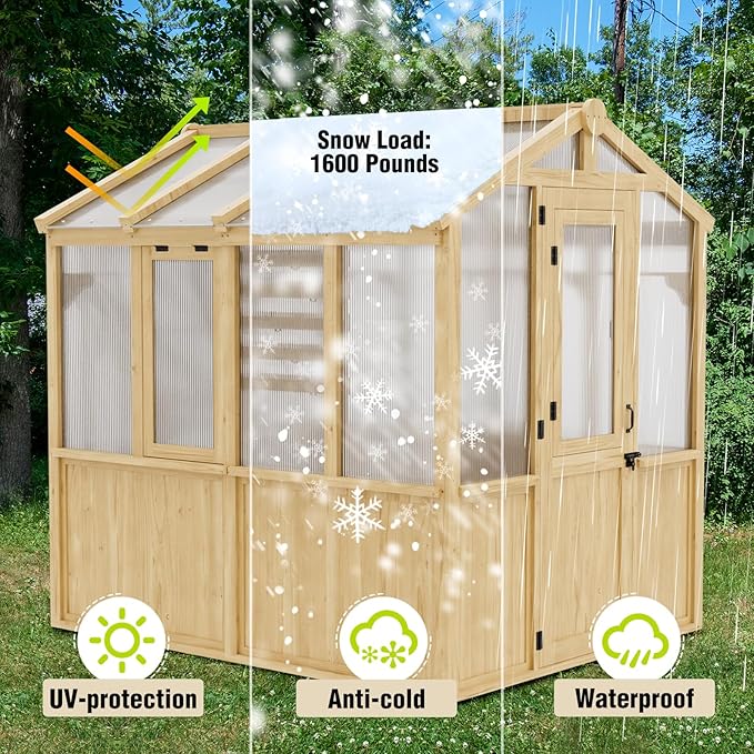 EAGLE PEAK 6.7x7.8x7.7 ft Wood and Polycarbonate Walk-in Greenhouse, Cedar Hobby Green House with Roof Vent, Natural
