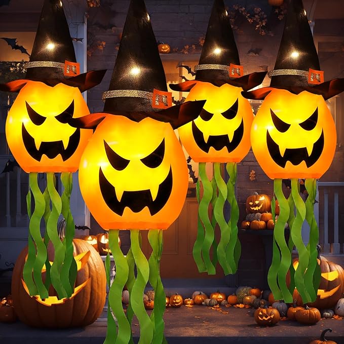 Halloween Decorations Outdoor Decor Hanging Lighted Glowing Pumpkin Witch Hat with 3 Modes Lighted Up Scary Orange Halloween Decorations for Indoor Outside Party Yard Tree Garden (4Pcs)