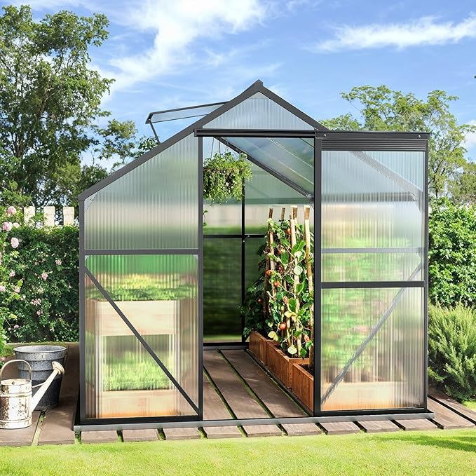 Gizoon 8x6 FT Outdoor Greenhouse, Quick Setup Polycarbonate Greenhouse with Adjustable Roof Vent and Sliding Door, Aluminum Walk-in Greenhouses for Outside Backyard Gardening (Black, 8x6FT)