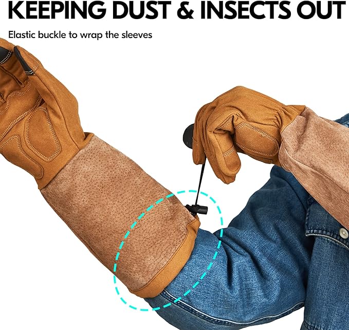 Vgo... Safety Work Gloves Men, Extended Pig Split Leather Cuff,Synthetic Leather, Rose Pruning Thorn Proof,Gardening(1 Pair,Size M, Brown,SL6592M)