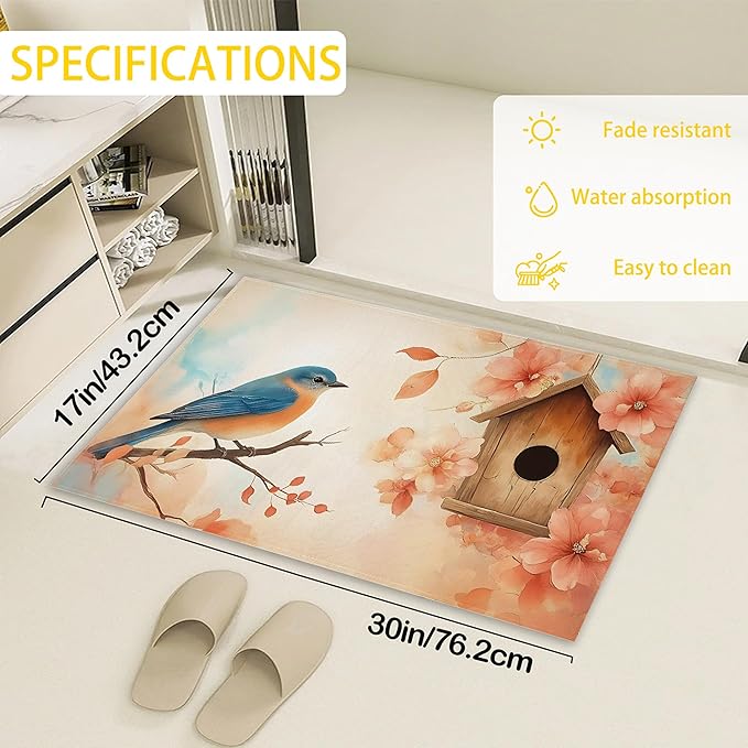 Watercolor Blue Bird Indoor Outdoor Rugs,Spring Flowers Doormat Outside Entrance,Non-Slip Welcome Mat Indoor Felt Floor Mat for Back Door Patio, Porch,Home Entryway,30 x 17 Inch
