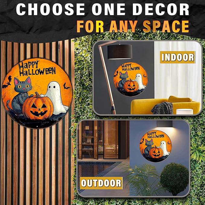 PEACHGARDEN Round Halloween Black Cat Vintage Sign Happy Halloween Pumpkin Metal Tin Sign for Home Bar Kitchen Hotel Dining Room Coffee 12x12inch