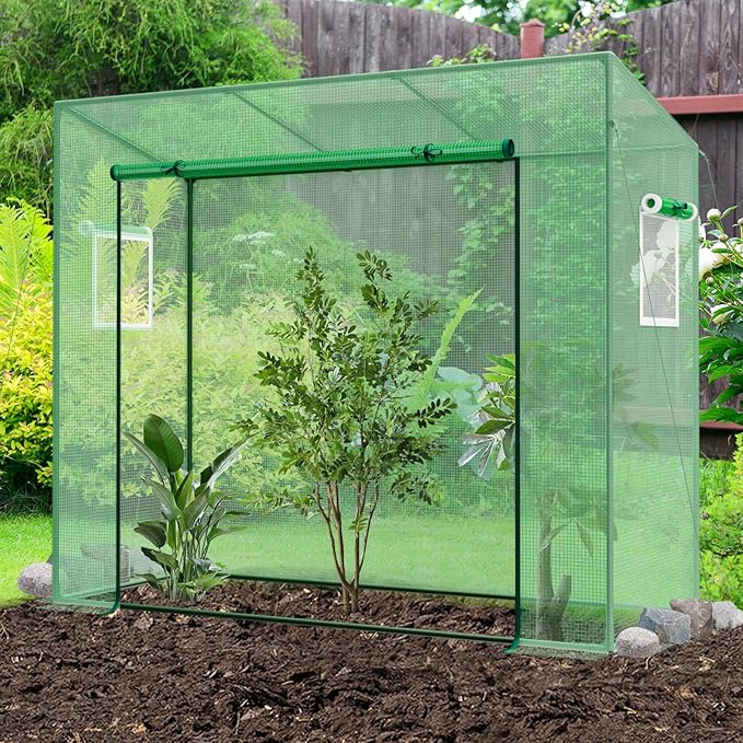 Happygrill Walk-in Greenhouse, Portable Mini Greenhouse w/PE Cover, 4 Wind Ropes & Ground Stakes, Roll-up Zipper Door, Double-Layer Screen Windows