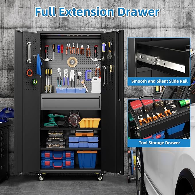71" H*15" D*30" W Metal Garage Storage Cabinet with Wheels and Doors,Lockable Tool Storage Cabinet with Pegboard Hooks and Drawer for Garage Warehouse Home,Required Assembly,Black