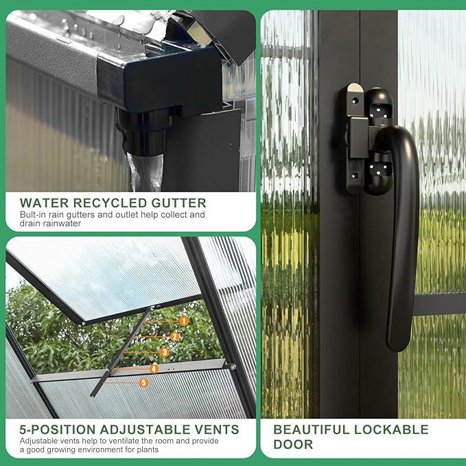 Polycarbonate Greenhouse Kit,12x6x6 FT Outsides Aluminum Frame Heavy Duty Green House with Transparent Panels Windows Door for Backyard Garden, Outdoor Walk in Plant Greenhouses,Black Frame