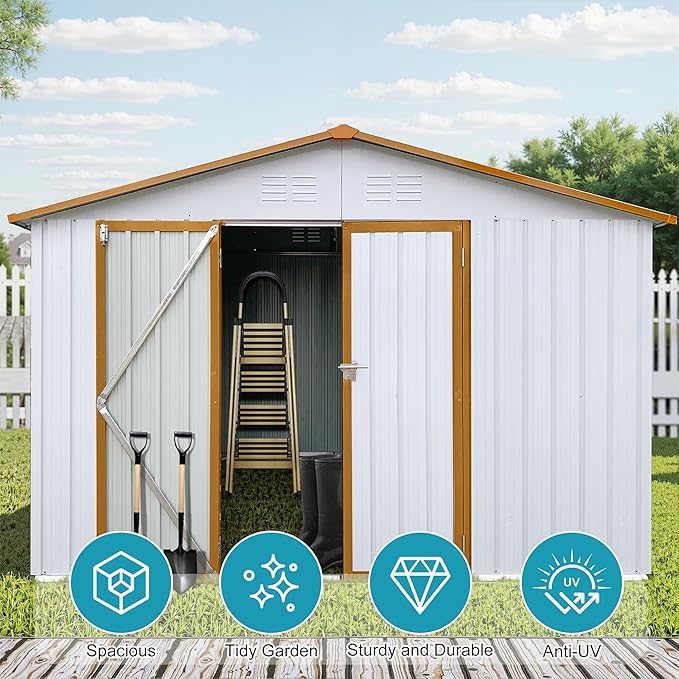 10x12 FT Outdoor Storage Shed, Metal Tool Shed with Lockable Doors & Peaked Roof, Garden Shed with Vented Design for Backyard Garden Patio Lawn, White+Yellow