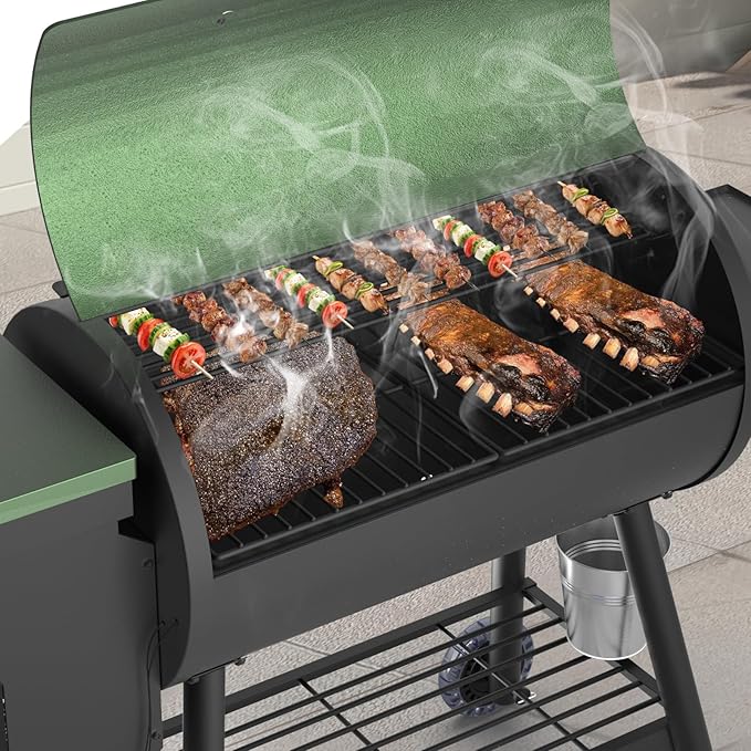 Electric Pellet Smoker Grill 565 SQ.IN Cook Area Pellet Smoker with Auto Feed & PID Controller 500°F Max Temperature 8 in 1 BBQ Grill with Meat Probe & Side Table with Hooks Perfect for Outdoor BBQ