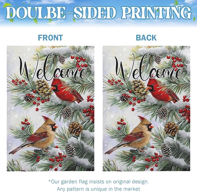 Welcome Winter Garden Flag Christma Cardinal Birds House Banner Red Bird Berry Trees Pine Snow Vertical Yard Flags Pinecone Wall Banners for Xmas Rustic Farmhouse 28 x 40 Inch