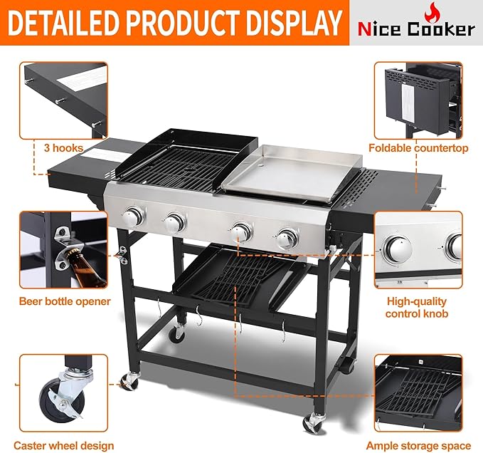4-Burner Propane Gas Grill and Griddle Combo | 38200BTU Stainless Steel Outdoor BBQ with Side Shelves & Wheels, Cabinet Style Cart (Includes 2 Grill Grates & 2 Flat Top Griddles)