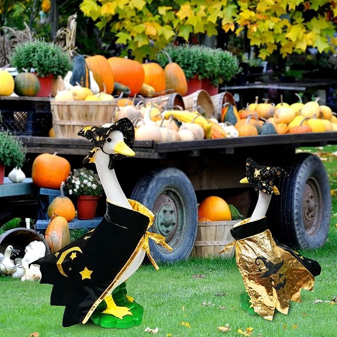 Large White Goose Statue Cygnus, Funny Halloween Big Bird Decor Garden Sculpture with Black Magic Cloak Costume Clothes and Hat Home Porch Patio Pond Yard Art Duck Figurine 19’’ Christmas Decorations