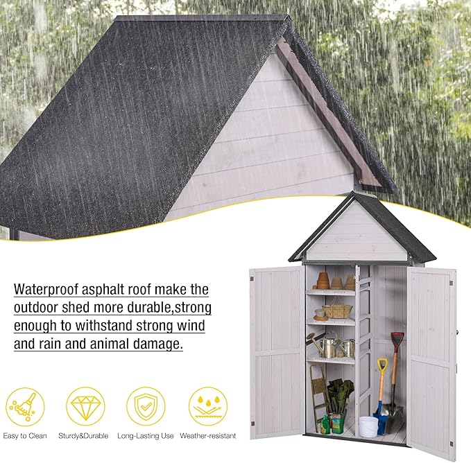 Aivituvin Storage Shed Outdoor Cabinet with All-Around Strong Metal Frame Wooden Tool House with Adjustable Shelfs and Floor,Waterproof Roof (White)