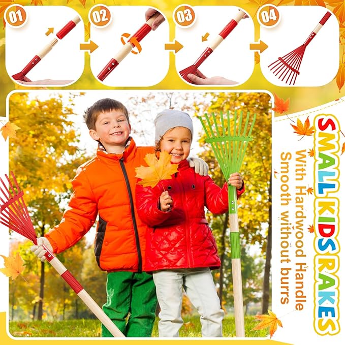 Suclain 8 Pcs Kids Rakes with Hardwood Handle Small Rake Child Size for Gardening Kids Yard Tools Multicolor 28'' Mini Rake for Leaves Lightweight for Children Garden Leaf Tools