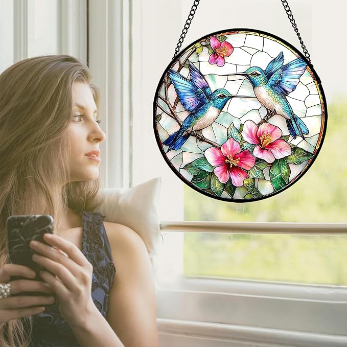 Stained Glass Window Hanging - Blue White Hummingbirds Pink Flowers Suncatcher for Door Terrace Garden Home Decor Bird Sun Catcher Birthday Gifts for Lovers Women Men Dad Mom Nana 7.8 in