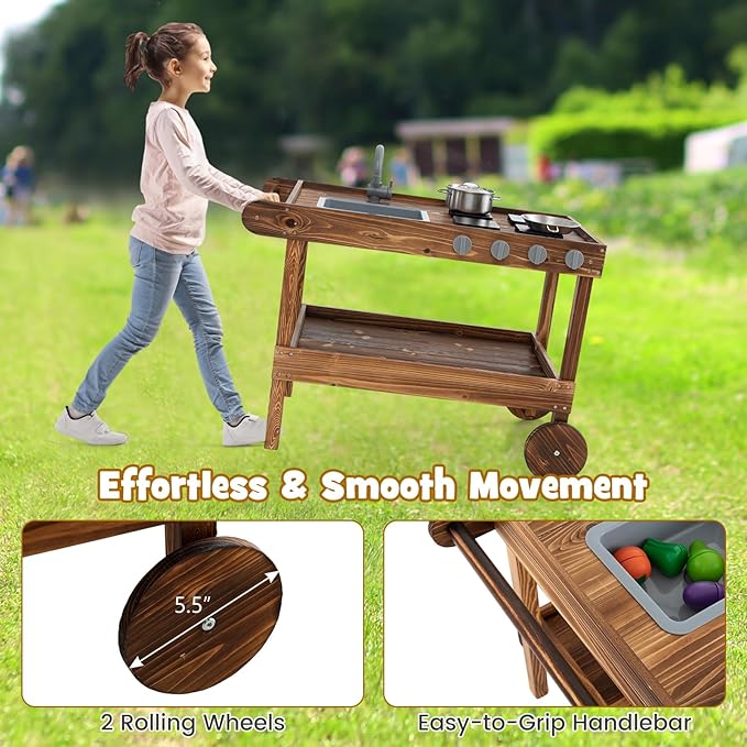 Honey Joy Mud Kitchen with Wheels - Fir Wood Outdoor Play Kitchen for Toddlers, Garden Sink, Stoves, Storage Shelf, Kids Outdoor Backyard Kitchen Playset