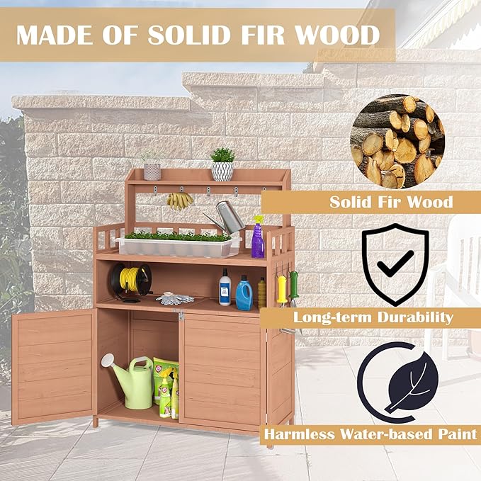 Outdoor Brown Wood Potting Bench - Spacious Gardening Table with Storage Cabinet & Top Shelf - Ideal for Planting and Organizing Your Garden!
