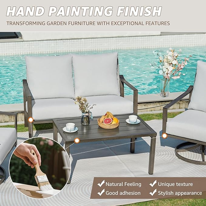 NATURAL EXPRESSIONS Patio Furniture 4 Piece Set,Outdoor Conversation Set Metal Patio Sectional Sofa with High Back Hand-Woven Rope Chairs by Hand Brushed Wood Grain Finish, 6" Cushion for Yard,Garden