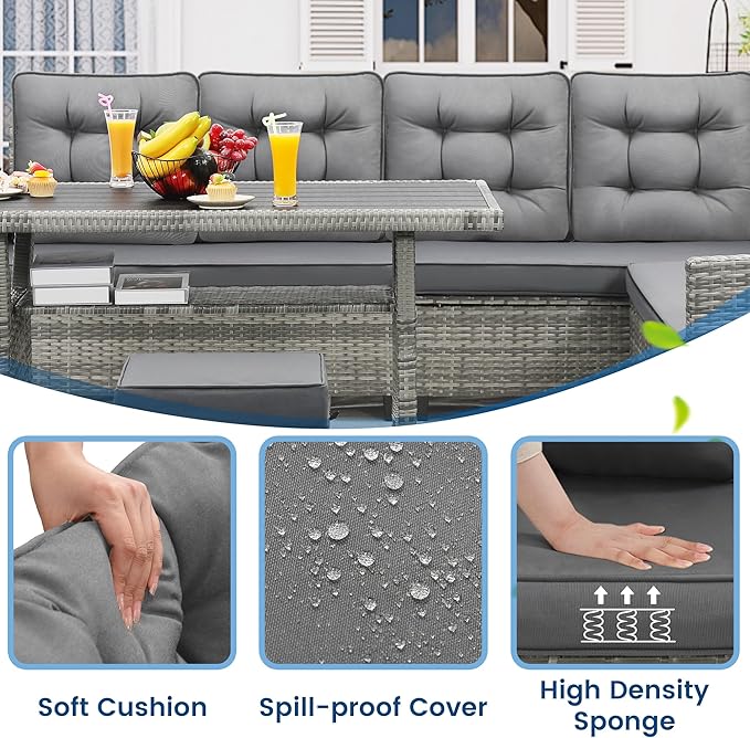 6-Piece Outdoor Patio Furniture Set - Sectional Sofa, Dining Table & Chairs Included, All-Weather Dining Set with Ottoman, Grey Wicker and Grey Cushions
