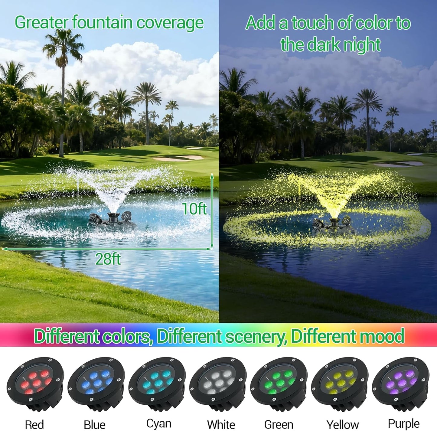 Pond Fountain Aerator with Lights RGB LED, 1HP 750W Floating Fountain System for Outdoor Lake Pond, 110V 15000 GPH Fully Automatic Stainless Steel Fountain Pump with 2 LED Lights 100 Feet Power Cord