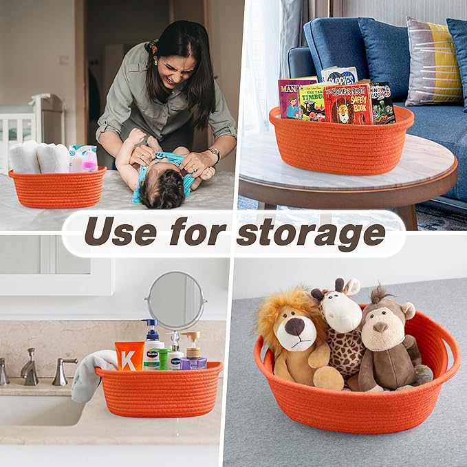 Pro Goleem Small Woven Basket with Gift Bags and Ribbons Durable Baskets for Gifts Empty Small Rope Basket for Storage 12"X 8" X 5" Baby Toy Basket with Handles, Orange