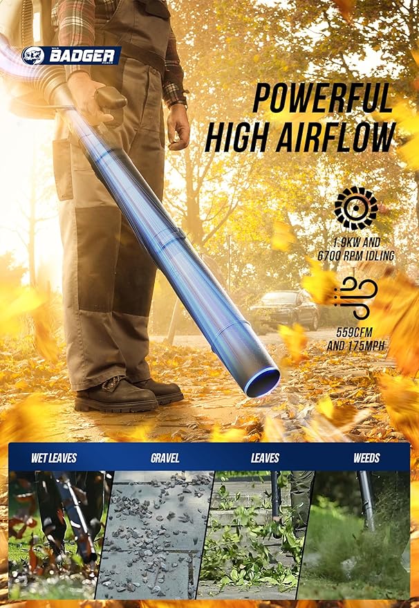 WILD BADGER POWER Leaf Blower Backpack, 53cc Gas Powered Strong Air Flow 559CFM 174MPH, Light Weight 19.6lbs, Ideal for Leaf, Sand, Gravel, Snow, Yard and Driveway